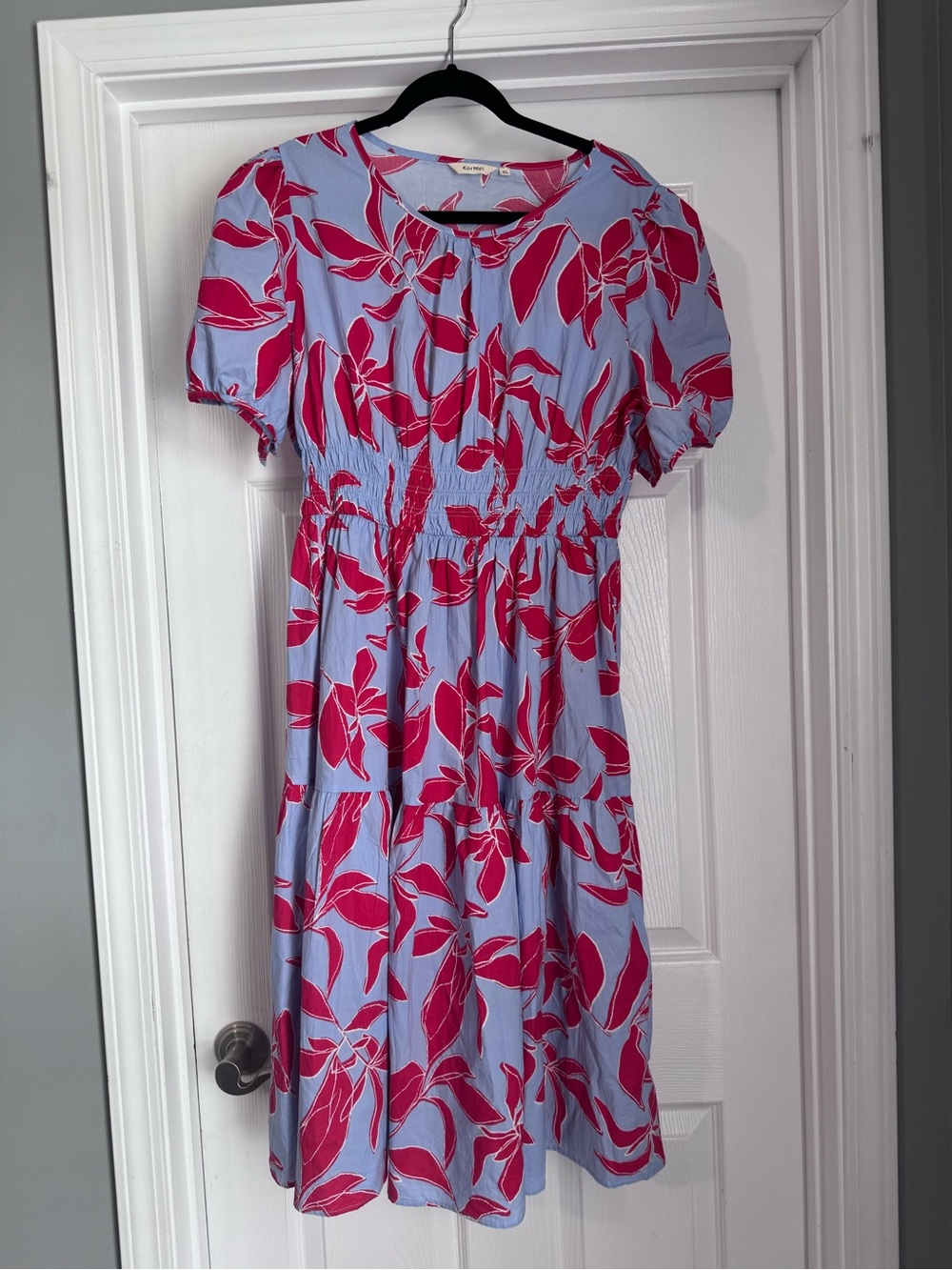 Blue Floral Midi Dress with Bold Pink Print